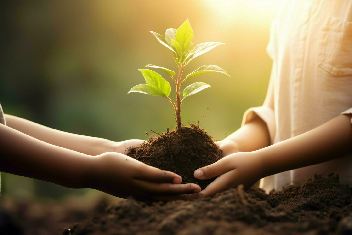 ai gegenereerd hand- kinderen Holding jong fabriek met zonlicht Aan groen natuur achtergrond. concept eco aarde dag foto