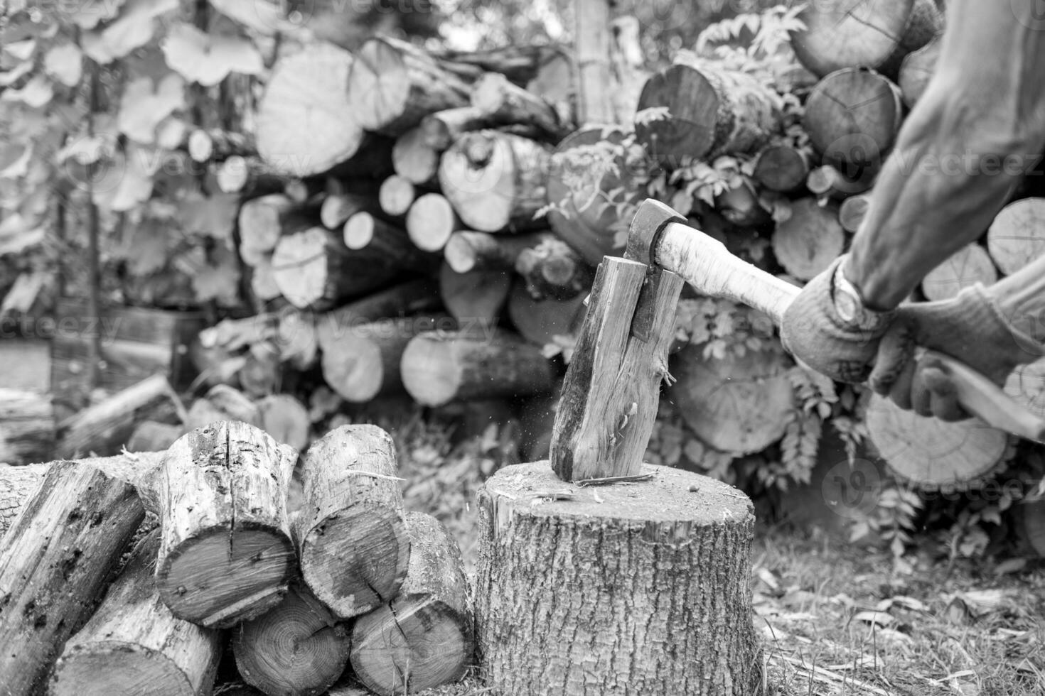 fotografie op thema grote stalen bijl met houten handvat foto