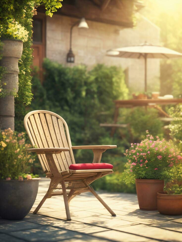 patio dek en stoel in groen tuin met ai generatief foto