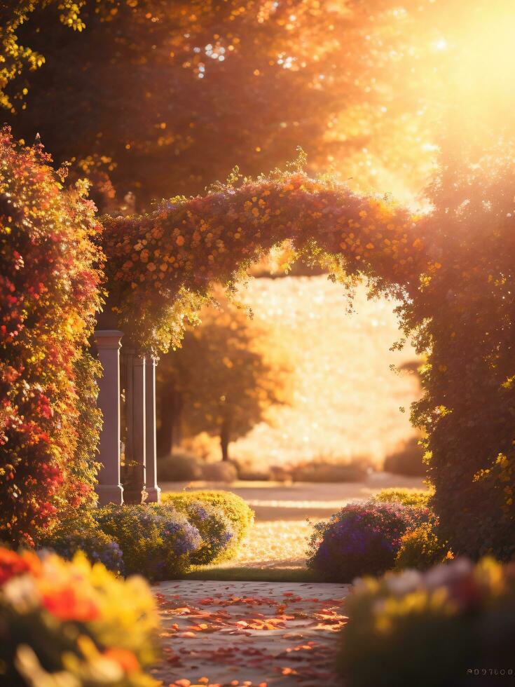 mooi boog versierd met bloemen samenstelling buitenshuis in herfst seizoen ai generatief foto