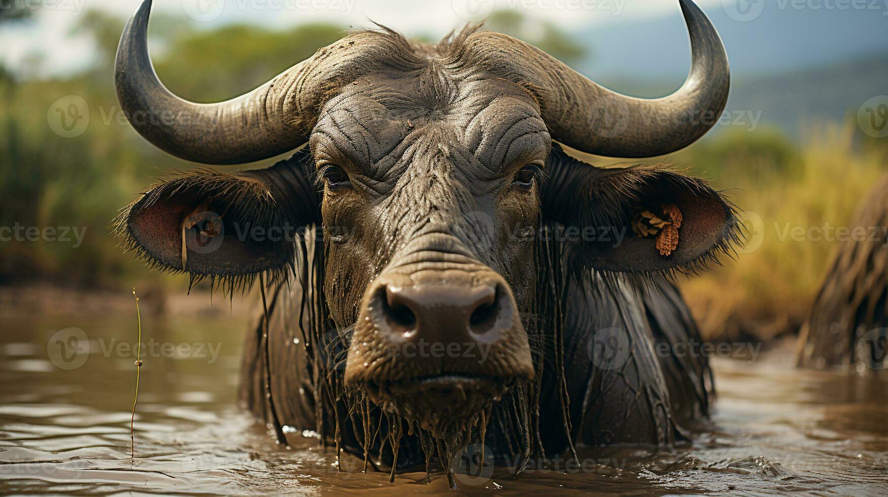 detailopname foto van een water buffel op zoek ieder richting. generatief ai