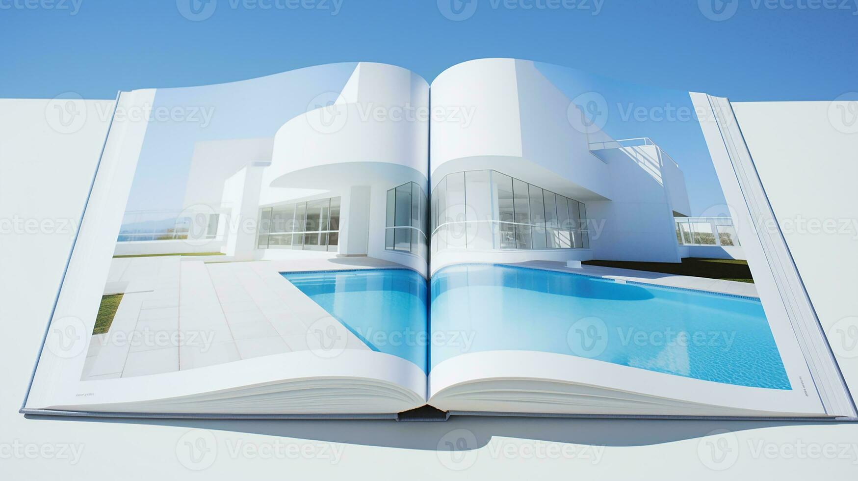 Open tijdschrift met modern en minimalistische gebouw en blauw lucht. 3d weergave. foto