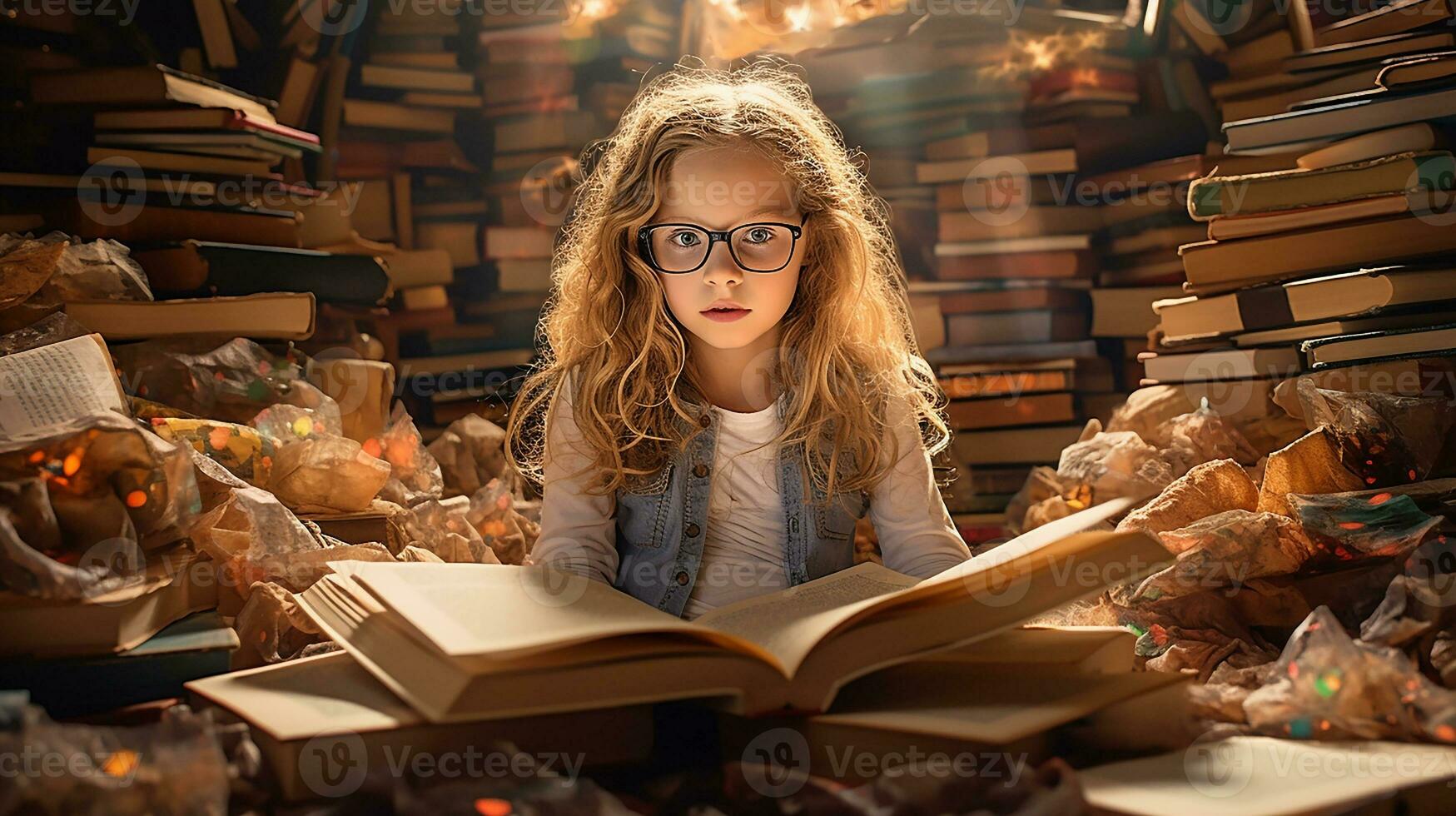 weinig meisje lezing een boek in de bibliotheek met herfst bladeren in de omgeving van haar. generatief ai foto