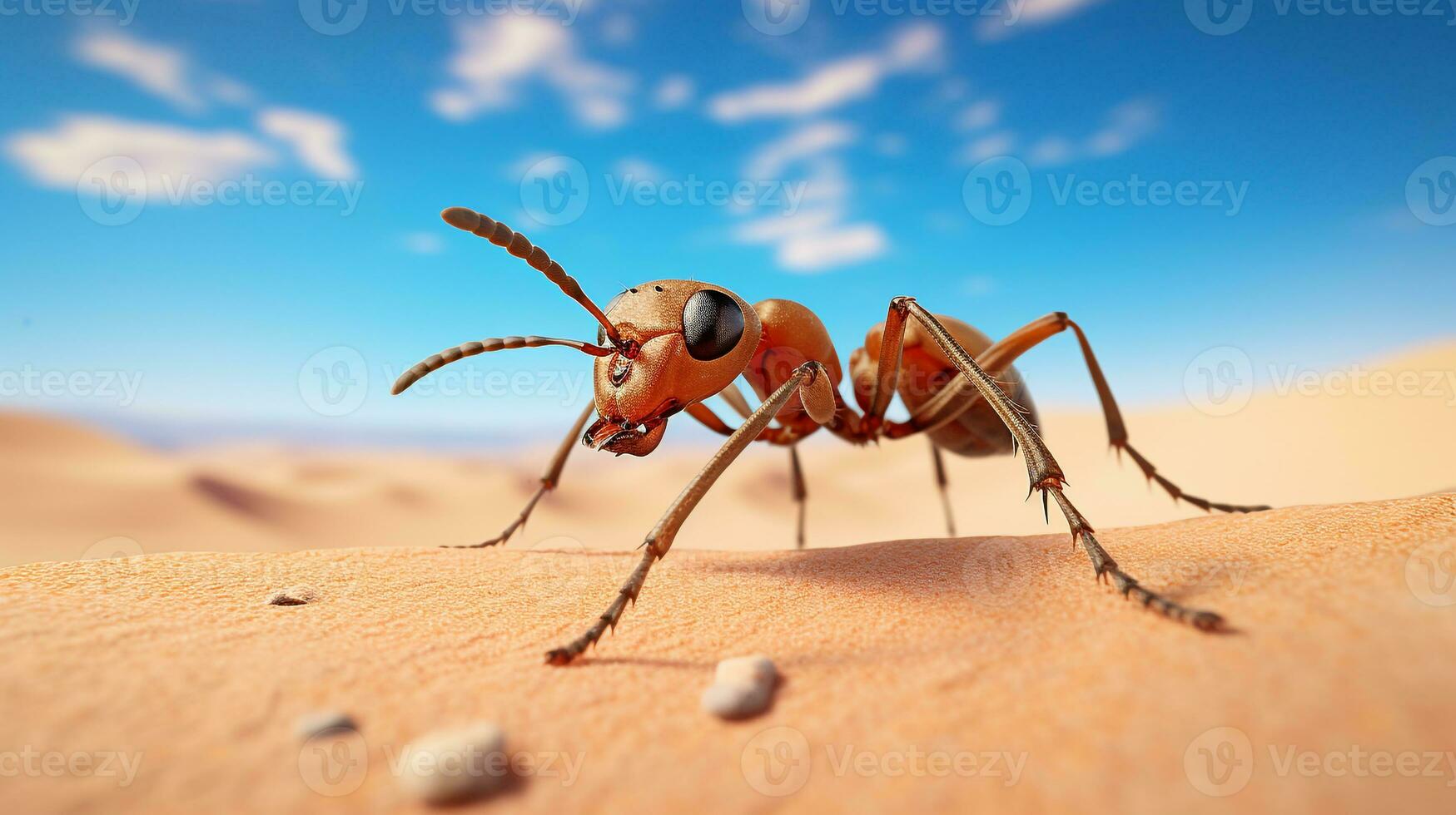 foto van een Sahara woestijn mier in een woestijn met blauw lucht. generatief ai