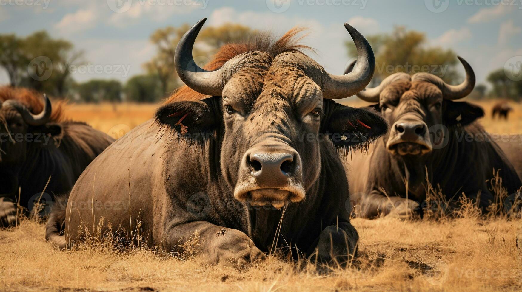 foto van een kudde van bizon resting in een Open Oppervlakte Aan de savanne. generatief ai