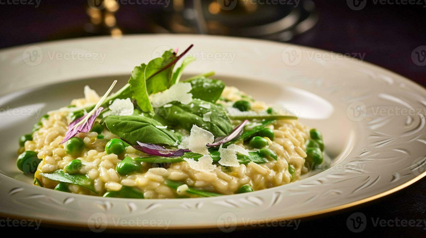 foto van voorjaar groente risotto net zo een schotel in een hoogwaardig restaurant. generatief ai