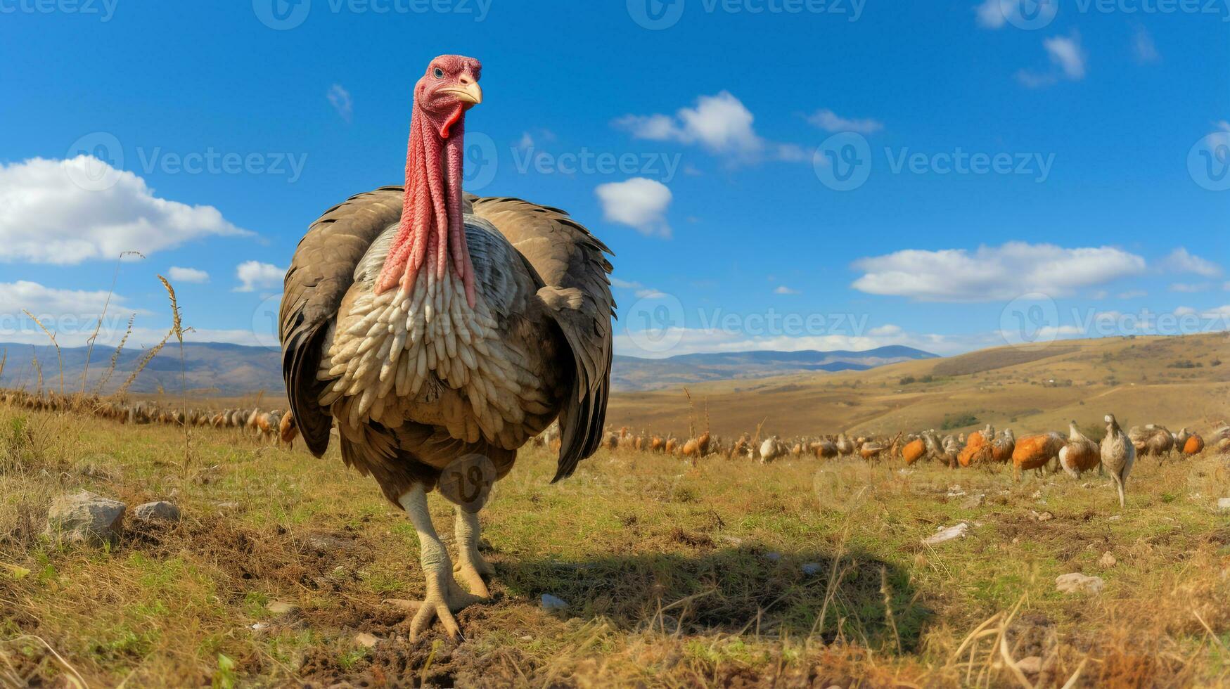 foto van een kalkoen in de landbouwgrond. generatief ai