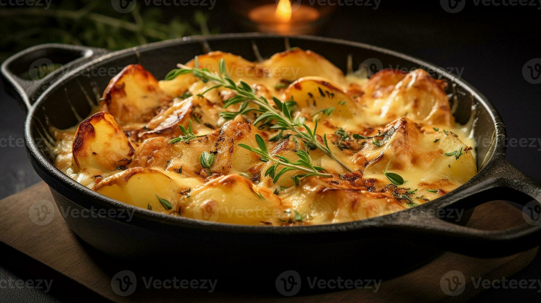 foto van aardappelen au gratin net zo een schotel in een hoogwaardig restaurant. generatief ai