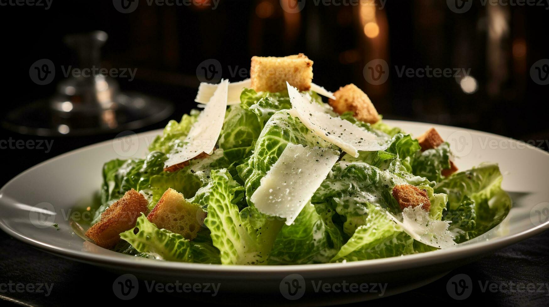 foto van Caesar salade net zo een schotel in een hoogwaardig restaurant. generatief ai