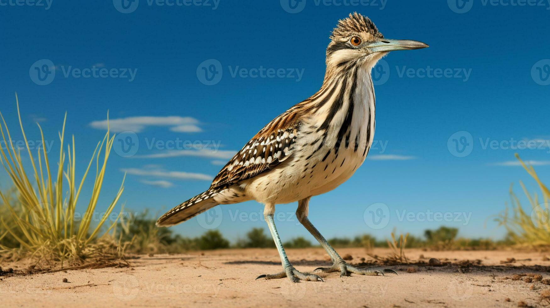 foto van een roadrunner in een woestijn met blauw lucht. generatief ai