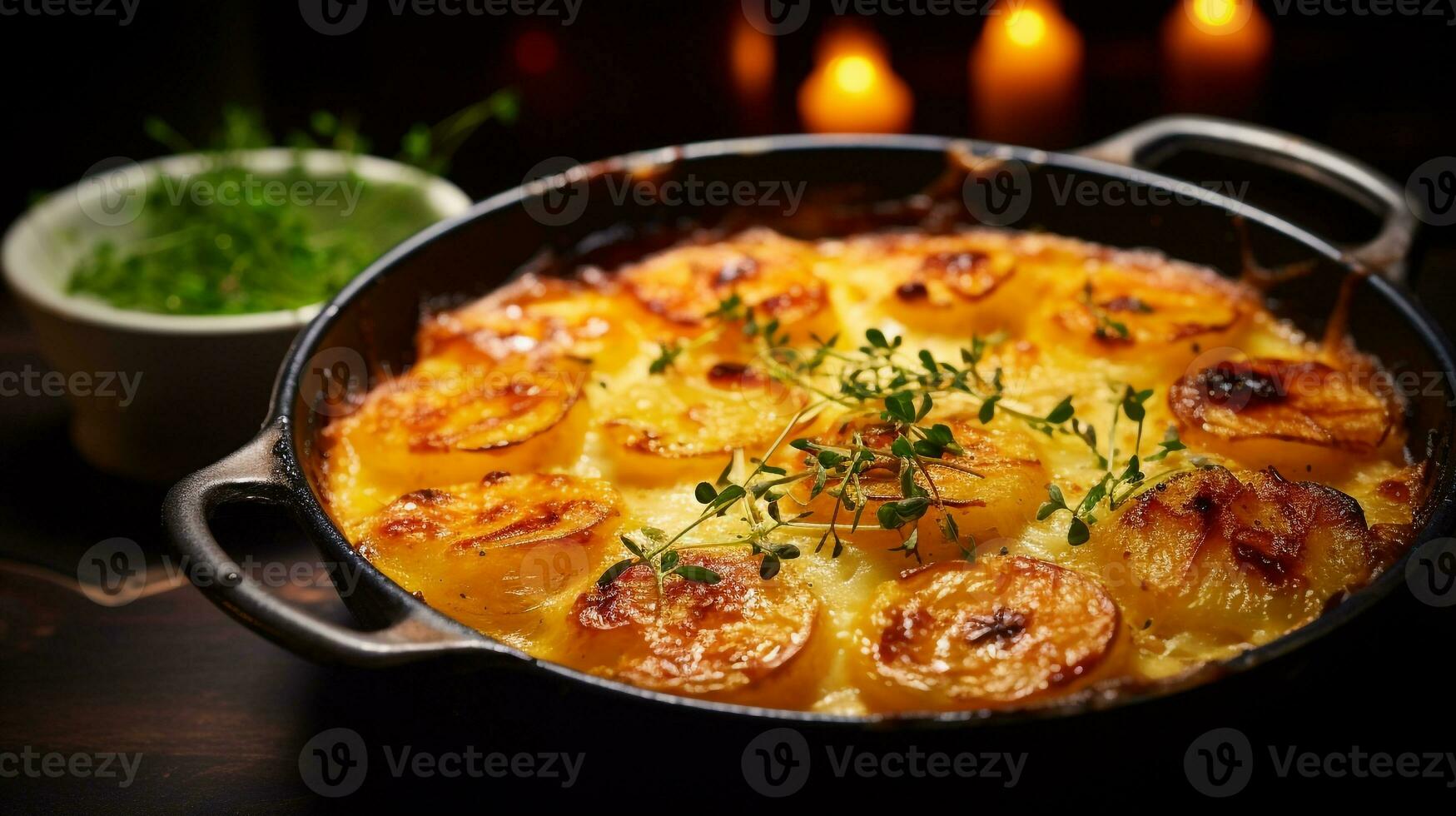 foto van aardappelen au gratin net zo een schotel in een hoogwaardig restaurant. generatief ai