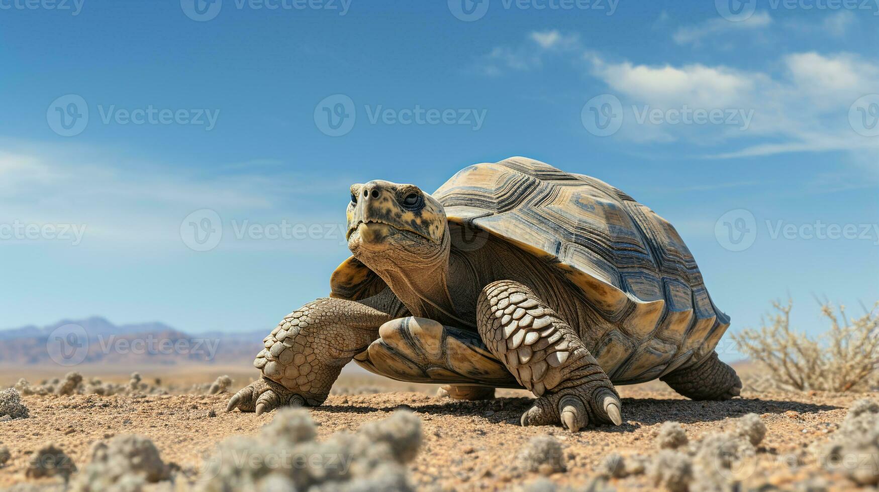 foto van een woestijn schildpad in een woestijn met blauw lucht. generatief ai