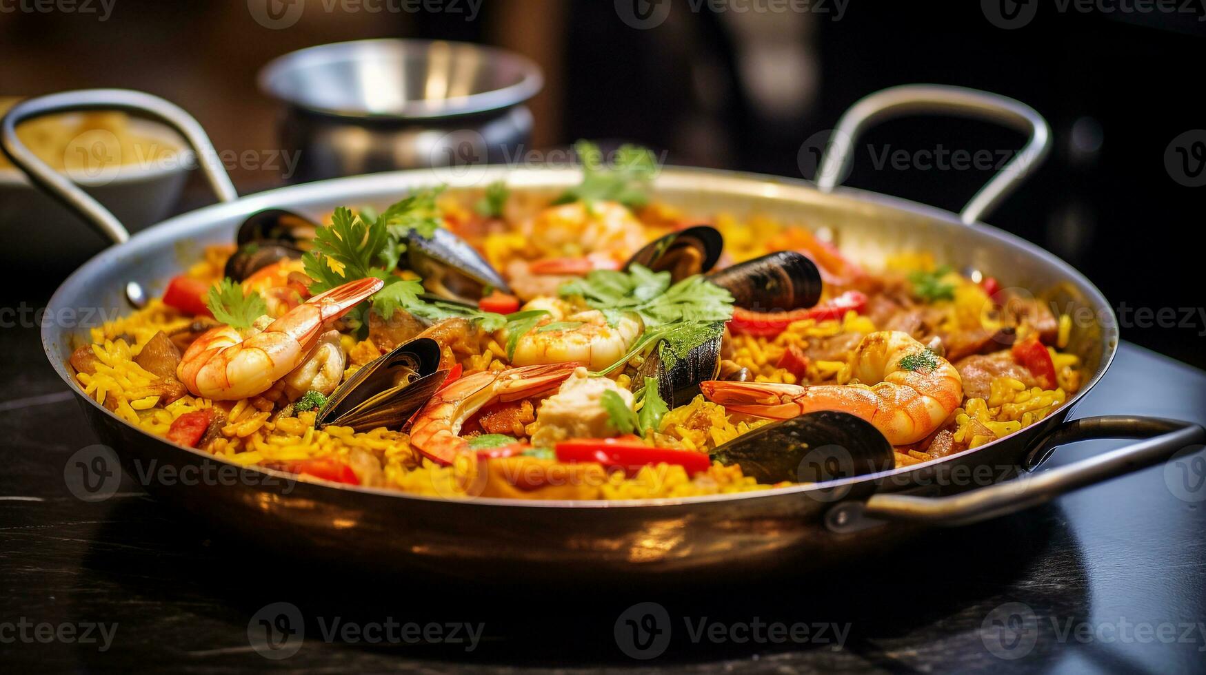 foto van caraïben zeevruchten paella net zo een schotel in een hoogwaardig restaurant. generatief ai