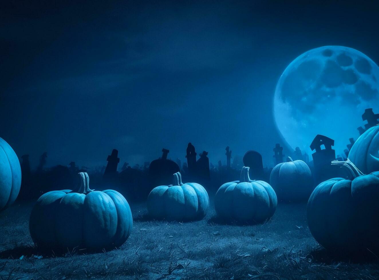 pompoenen in begraafplaats in de spookachtig nacht halloween ai gegenereerd foto