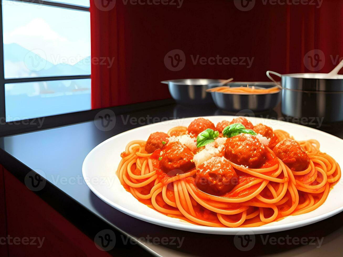 spaghetti met gehaktballen en tomaat saus in bord Aan houten tafel. ai generatief foto