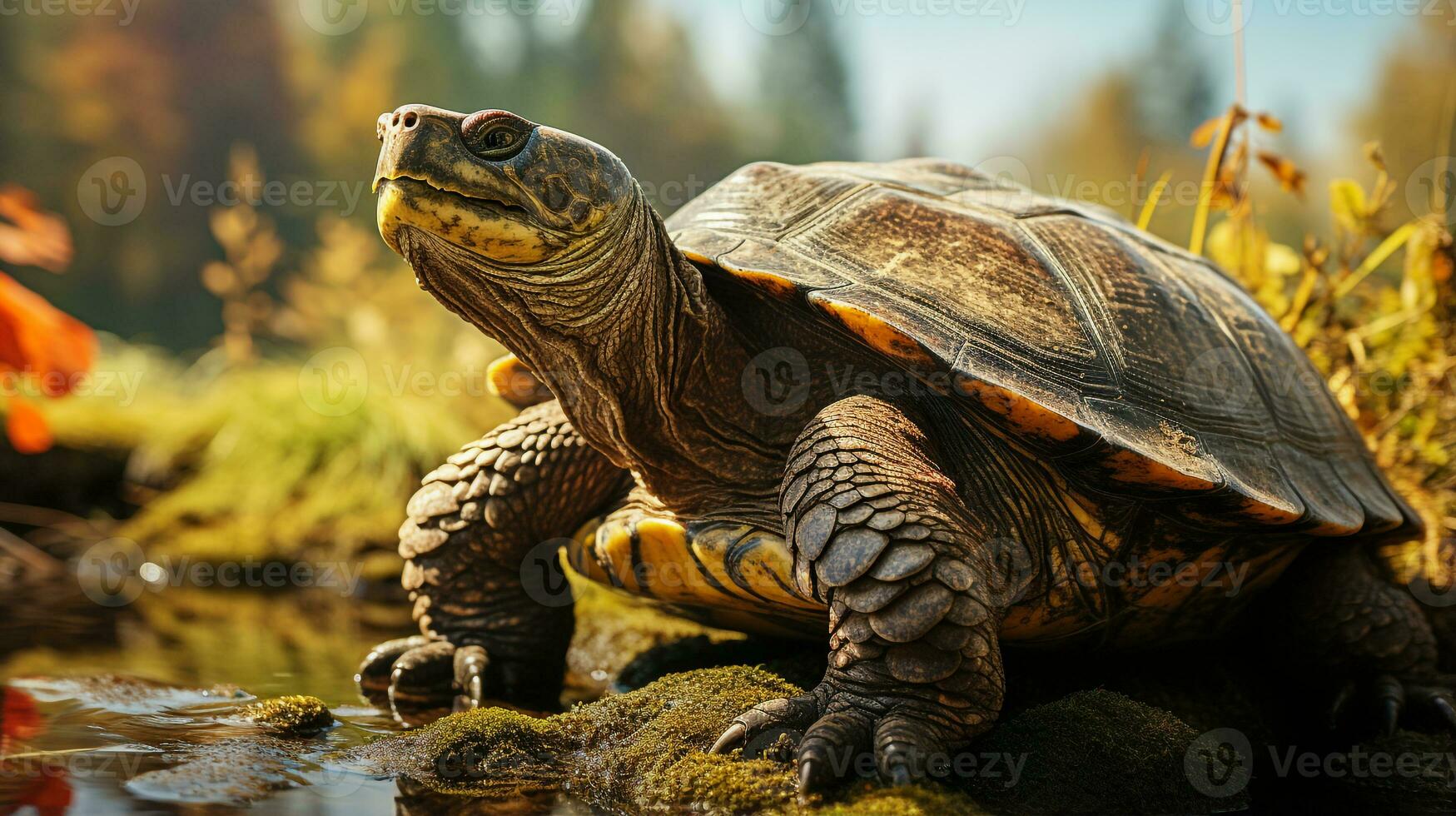 detailopname foto van een snappen schildpad op zoek in hun leefgebied. generatief ai