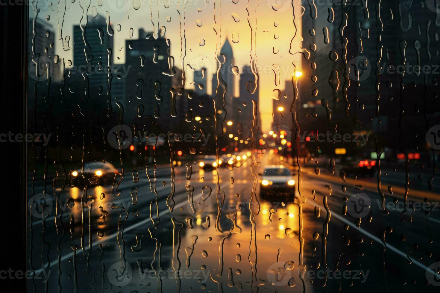 aftekenen stadsgezicht reflecties gevangen genomen in regendruppel gespikkeld venster post zondvloed kalmte foto