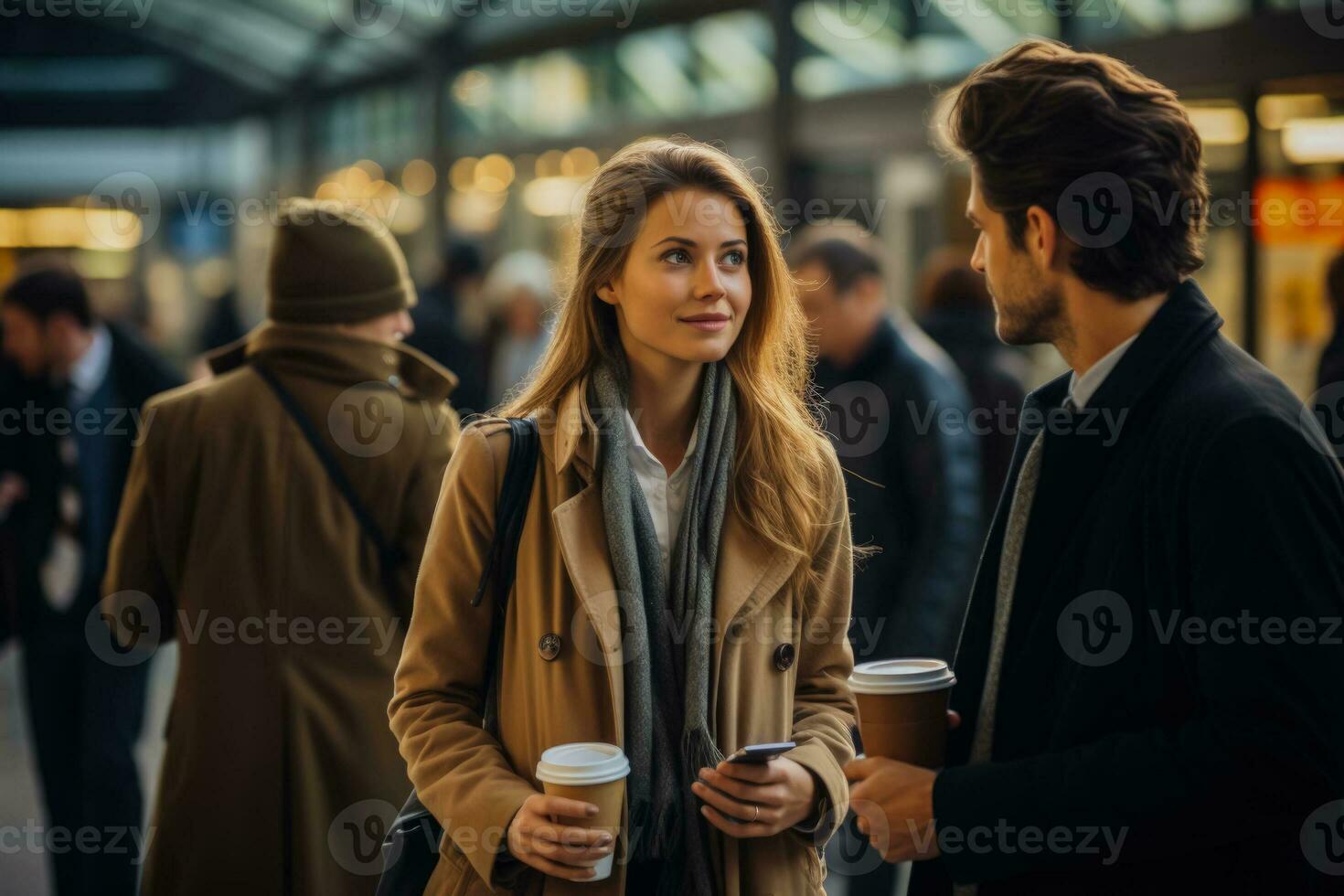 koffie aangewakkerd ochtend- pendelaars in gehaast gesprek Bij bruisend trein platform foto