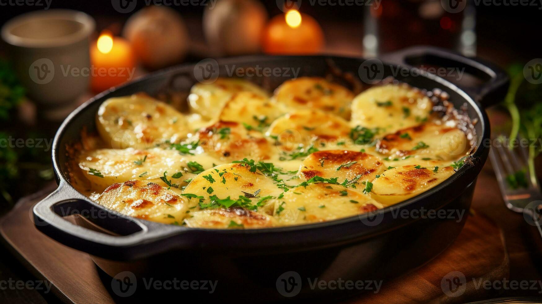 foto van aardappelen au gratin net zo een schotel in een hoogwaardig restaurant. generatief ai