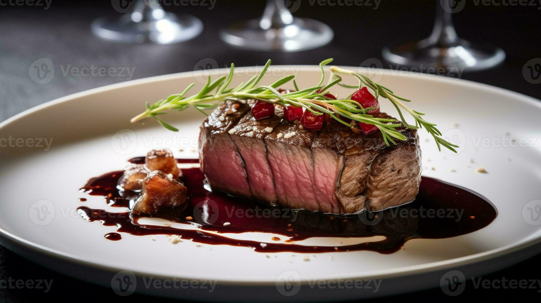 foto van rundvlees lende met rood wijn saus net zo een schotel in een hoogwaardig restaurant. generatief ai