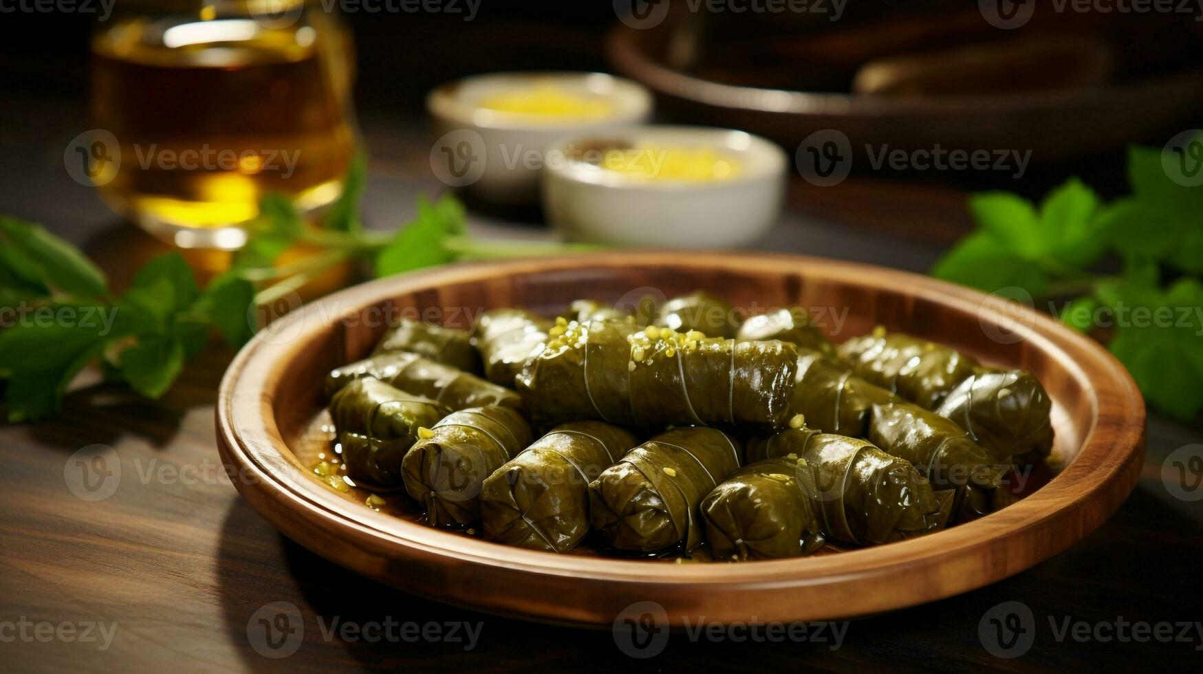 foto van dolmas - gevuld druif bladeren net zo een schotel in een hoogwaardig restaurant. generatief ai