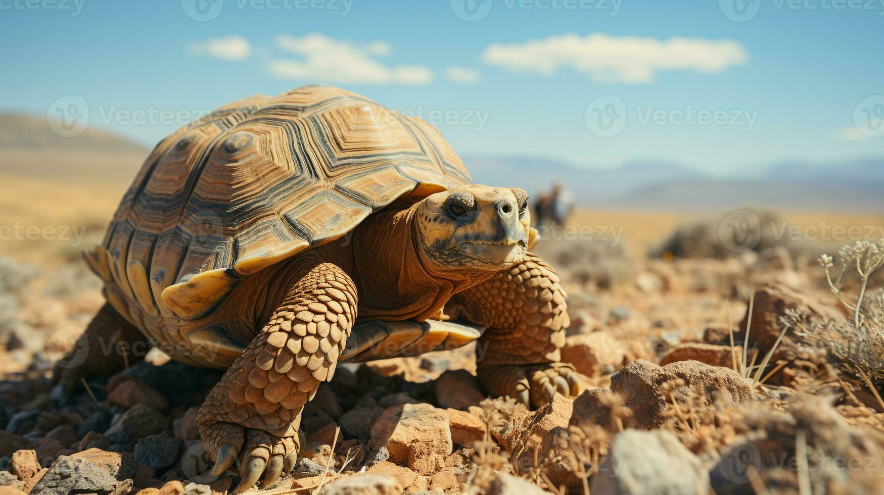 detailopname foto van een woestijn schildpad op zoek ieder richting in de woestijn. generatief ai