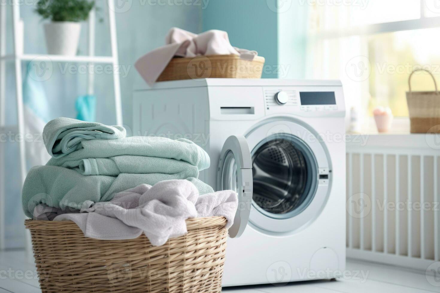 wasserij kamer met het wassen machine. generatief ai foto