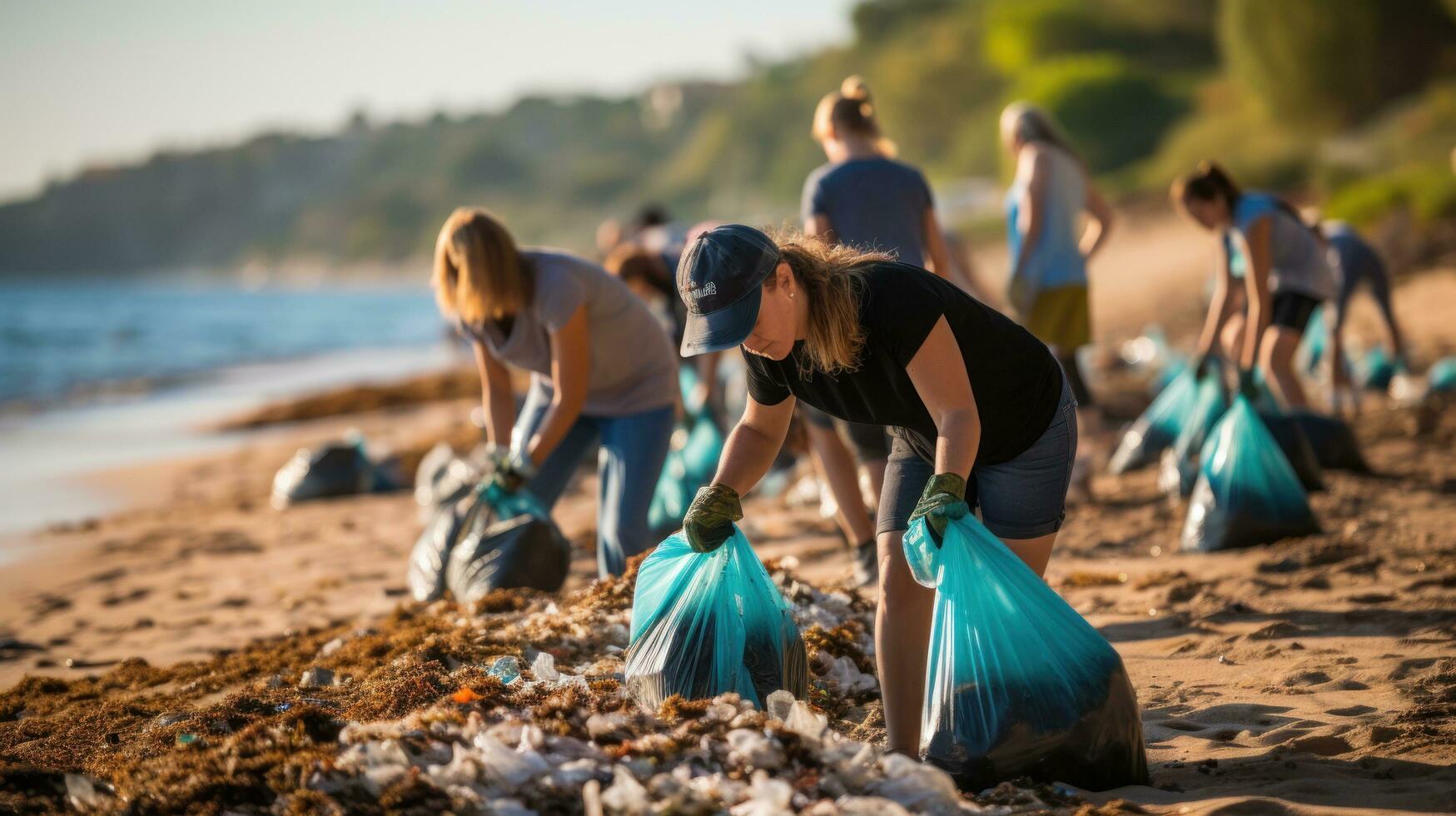 strand schoonmaken. vrijwilligers verzamelen uitschot Aan een zanderig kust foto