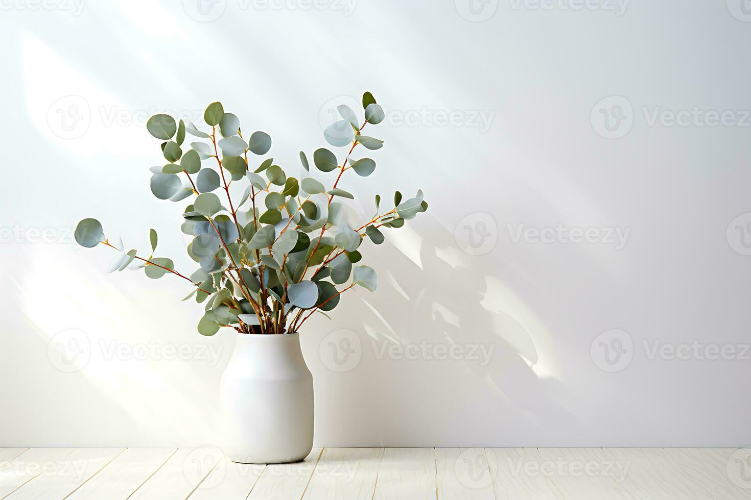 eucalyptus Afdeling met modern vaas in middellandse Zee wit omgeving. ai gegenereerd foto