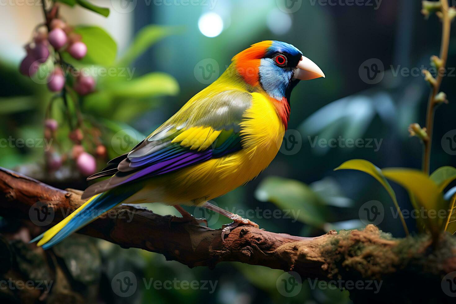 kleurrijk gouldian vink is neergestreken Aan een Afdeling in een tropisch regenwoud. ai gegenereerd. foto