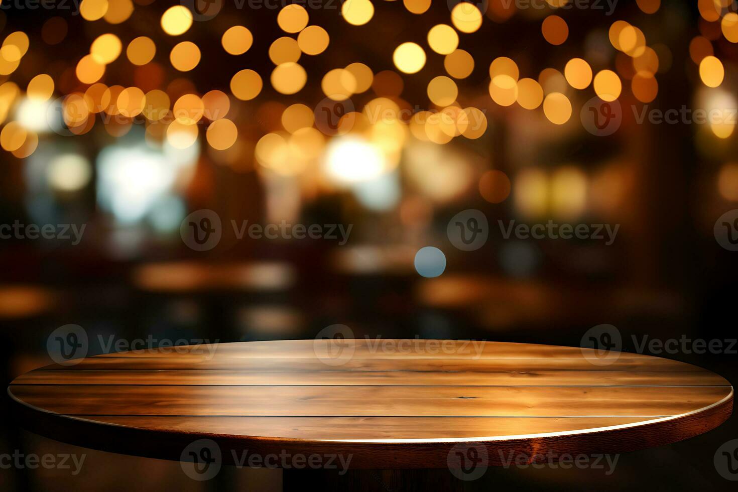 leeg afgeronde houten tafel in voorkant van abstract wazig bokeh licht van cafe. ai gegenereerd foto