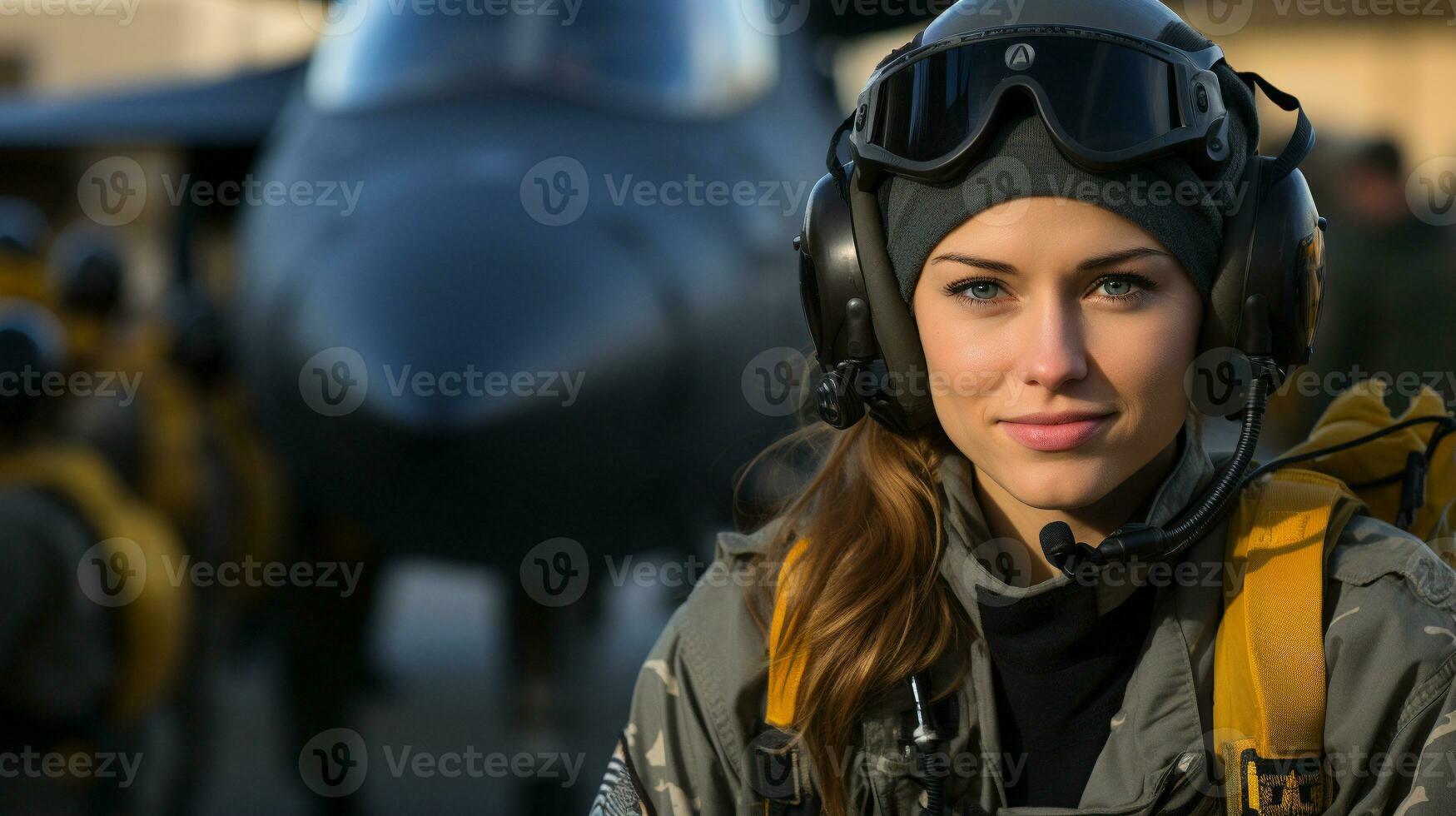 vrouw vechter piloot soldaat staand buiten haar vechter Jet - generatief ai. foto