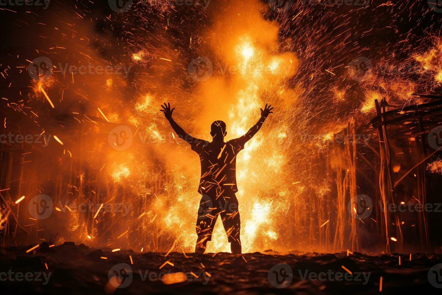 een Mens in de vonken van een brand. Mens en element foto