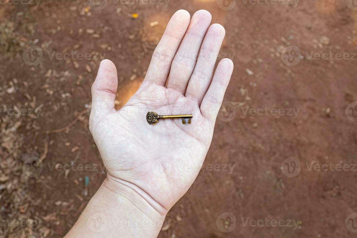 hand- Holding oud metalen sleutel foto