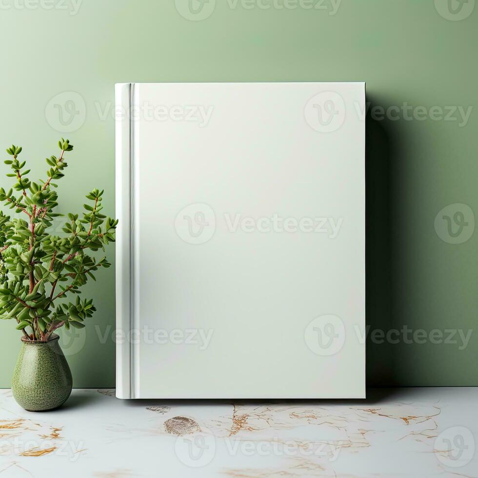 blanco hardcover boek Hoes mockup Aan levendig groen achtergrond bedrijf literatuur presentatio generatief ai foto