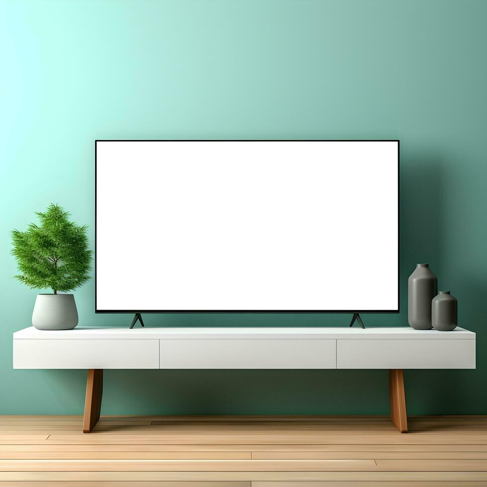 mockup van wit TV scherm Aan rek met huis decor, ai gegenereerd foto