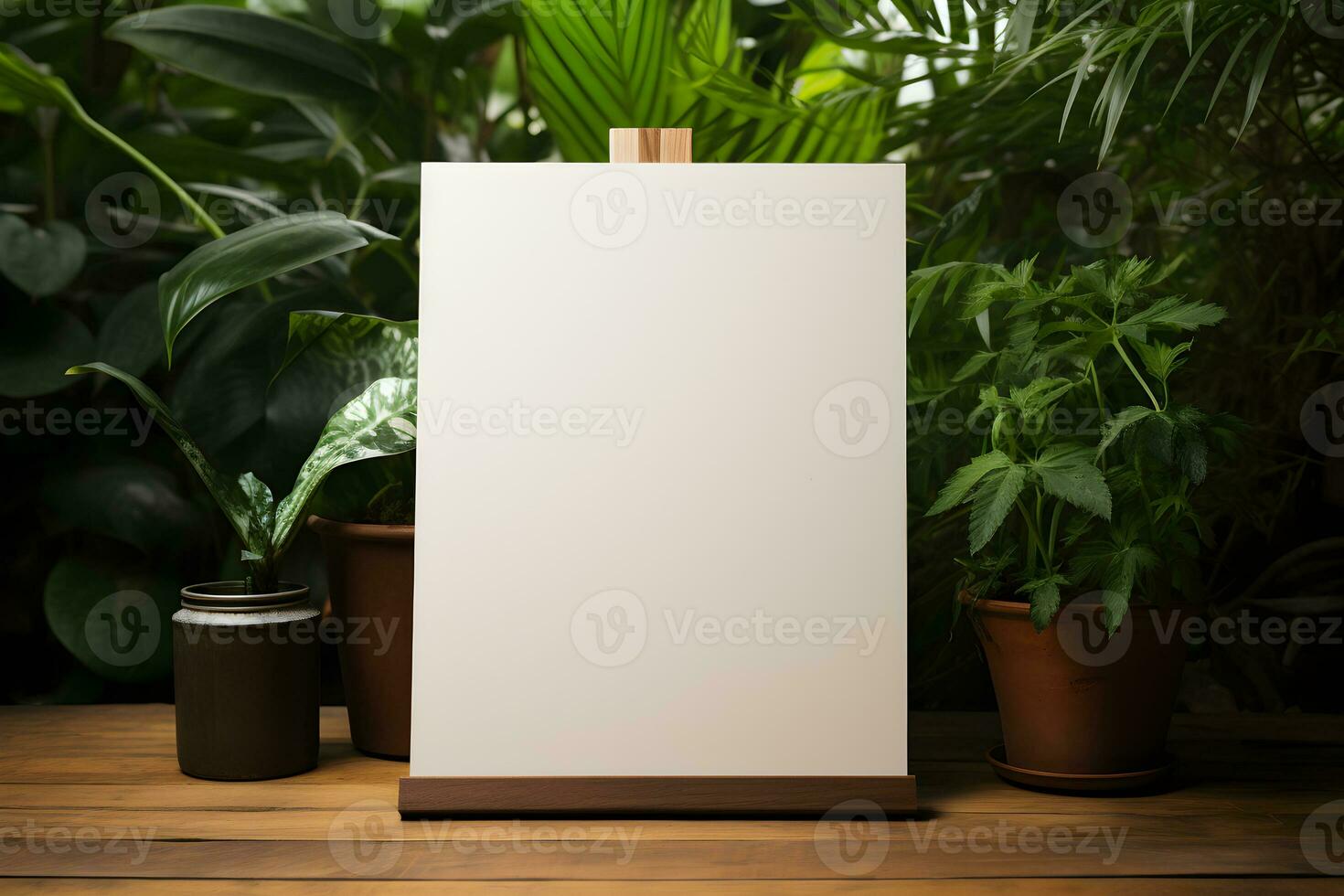 restaurant menu mockup sjabloon wit duidelijk papier Aan hout met gebladerte achtergrond, ai gegenereerd foto