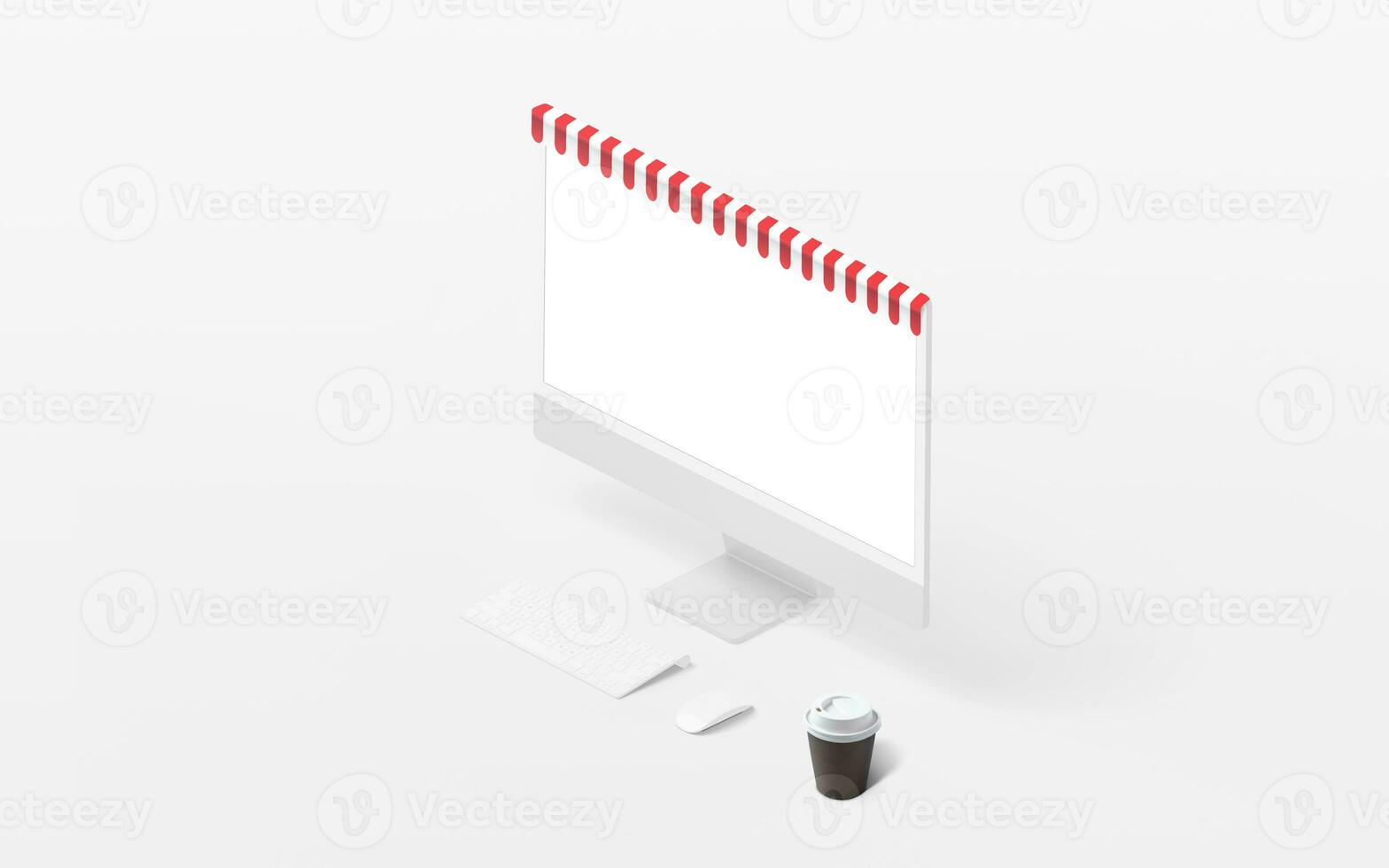 online boodschappen doen computer Scherm presentatie mockup met rood wit op te slaan luifel Aan top. isometrische visie, geïsoleerd scherm voor app of web bladzijde presentatie foto