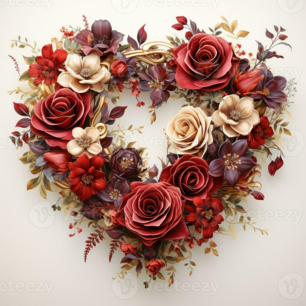 minimalistische rood roos bloem krans in de vorm van een hart in de omgeving van een dun goud kader ai gegenereerd foto