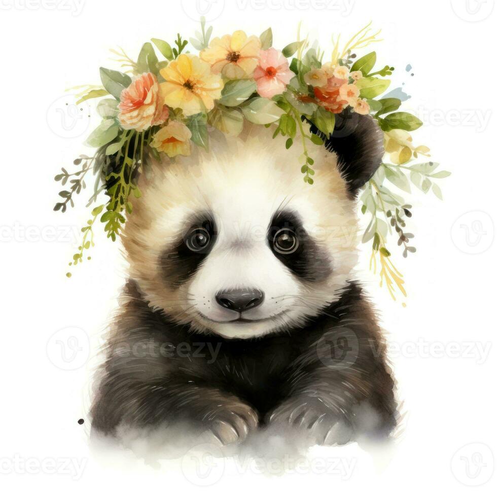aanbiddelijk waterverf baby panda met bloem kroon clip art Aan wit achtergrond ai gegenereerd foto