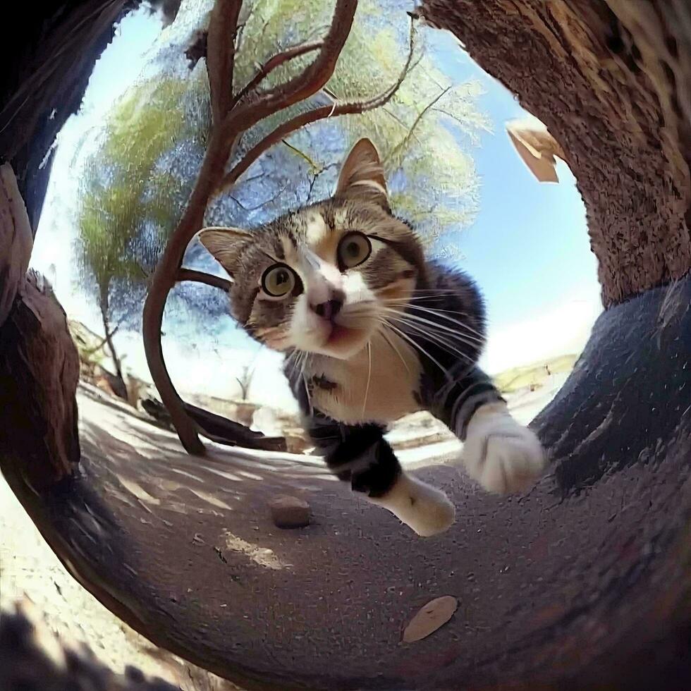 speels kat vallend van een boom ai gegenereerd foto