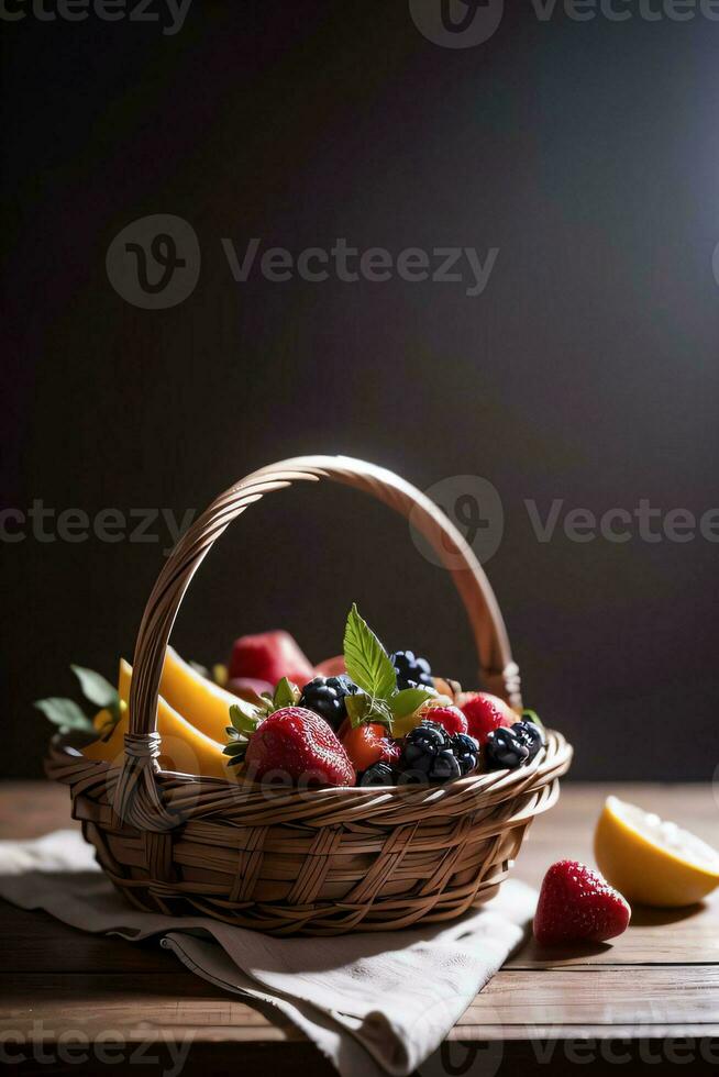 studio schot van de mand met bessen en fruit Aan de tafel foto