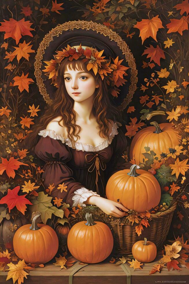 Renaissance stijl herfst illustratie van de heks meisje met pompoenen foto