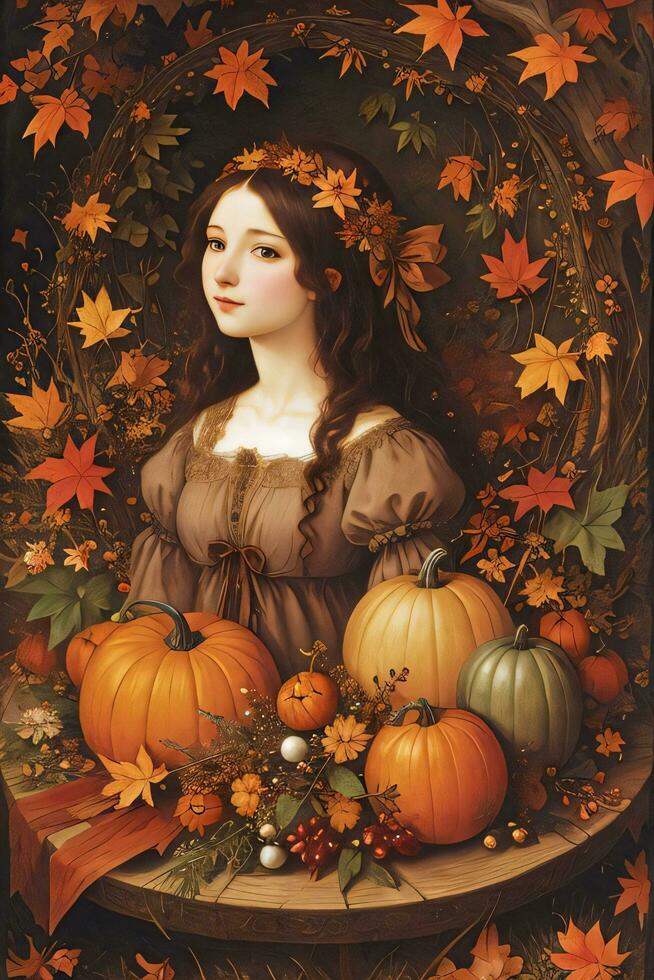 Renaissance stijl herfst illustratie van de heks meisje met pompoenen foto