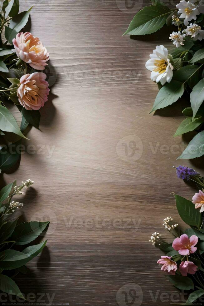 houten achtergrond en bloemen banier sjabloon mockup achtergrond foto