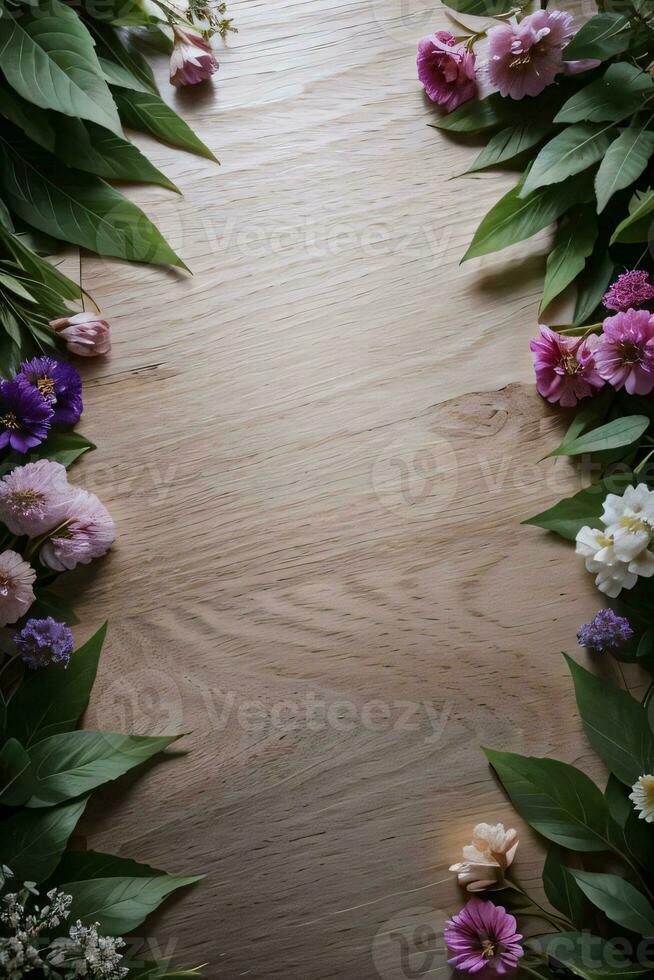 houten achtergrond en bloemen banier sjabloon mockup achtergrond foto