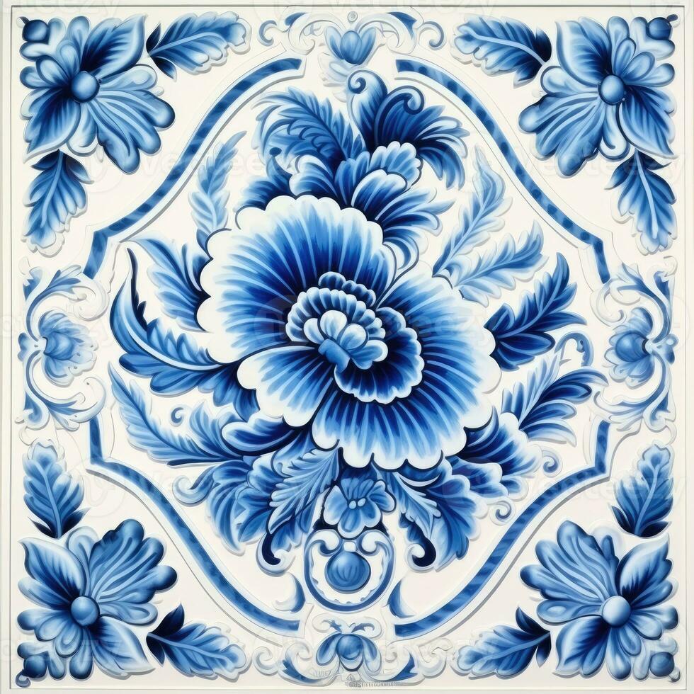 retro wijnoogst overladen ornament tegel geglazuurd Portugees mozaïek- patroon bloemen blauw plein kunst foto