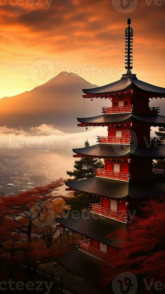 Japan zen landschap panorama visie fotografie sakura bloemen pagode vrede stilte toren muur foto