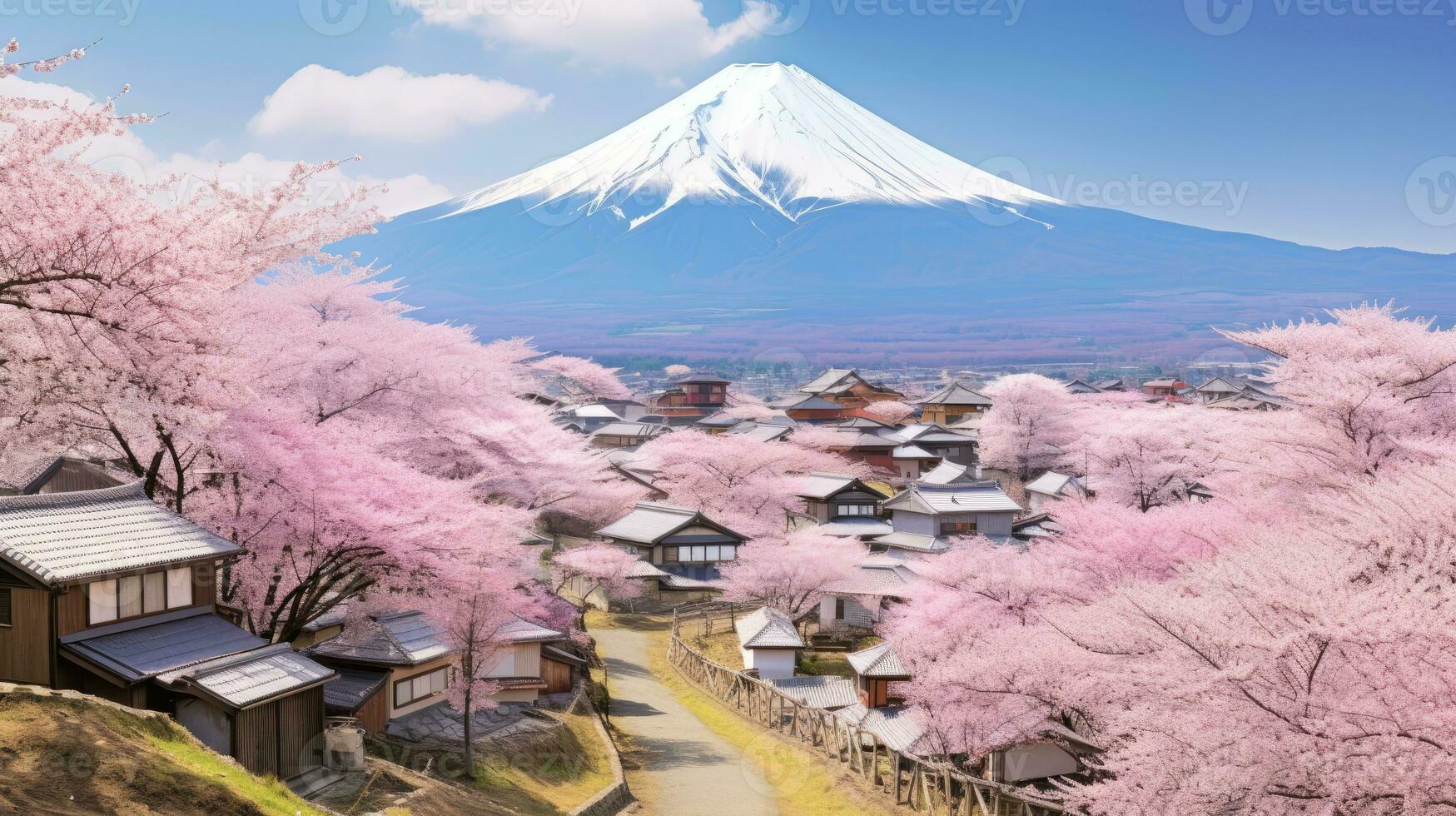 Japan zen landschap panorama visie fotografie sakura bloemen pagode vrede stilte toren muur foto