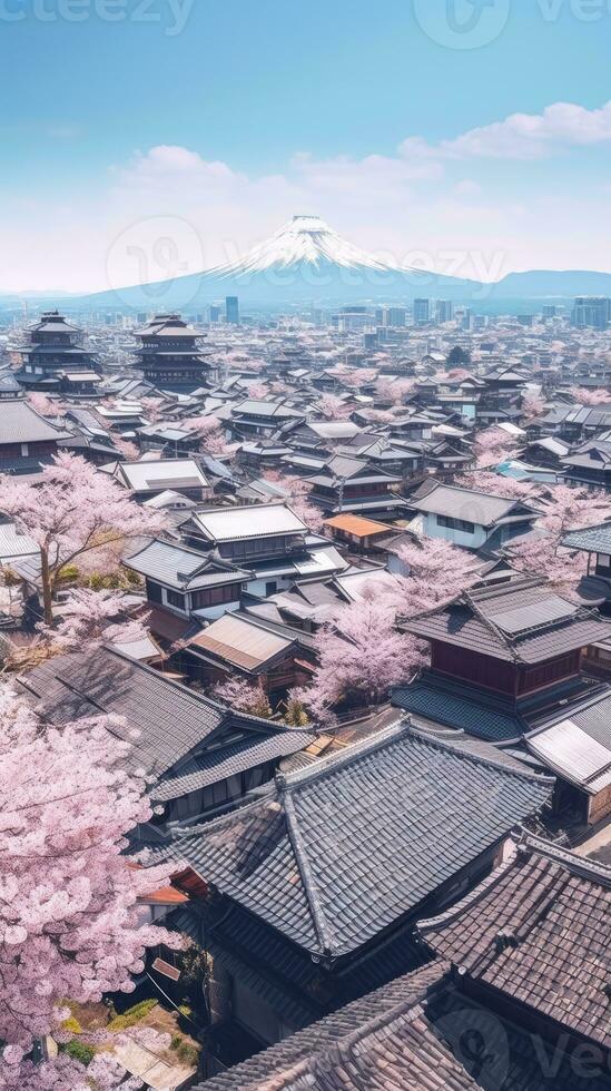 Japan zen landschap panorama visie fotografie sakura bloemen pagode vrede stilte toren muur foto